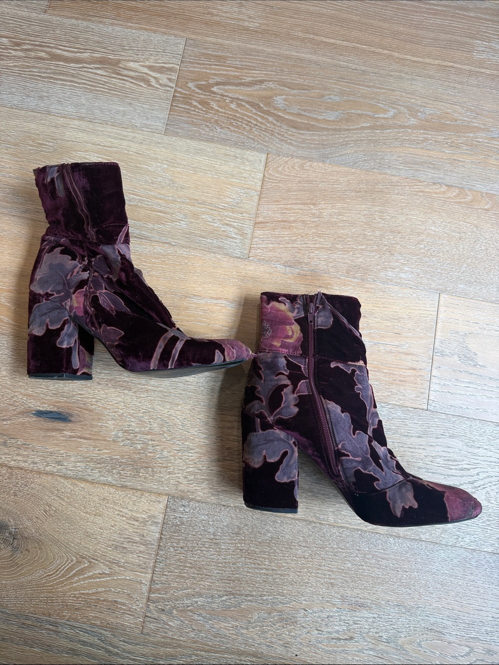 Steve Madden Velvet Floral Block Heel Ankle Boots - Burgundy Plum